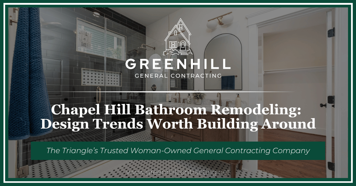 Green Hill Contracting article cover: bathroom with a black subway tile shower, arched mirror, wood vanity and mosaic tile floor